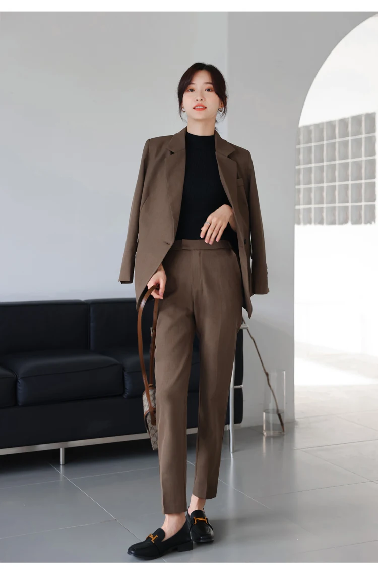 Women Vintage Office Lady Classic Two Piece Set Long Sleeve Blazer+High Waist Straight Leg Long Pants Setup Outfits