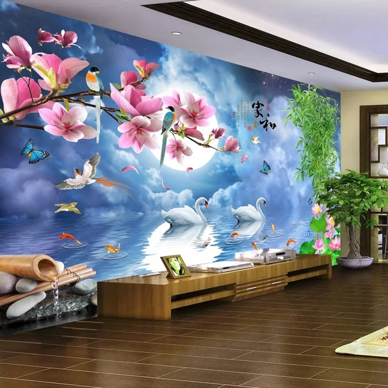 

Custom Photo Wallpaper Beautiful HD Night Flower Moon Swan Murals Living Room TV Sofa Background Wall Cloth Home Decor Fresco