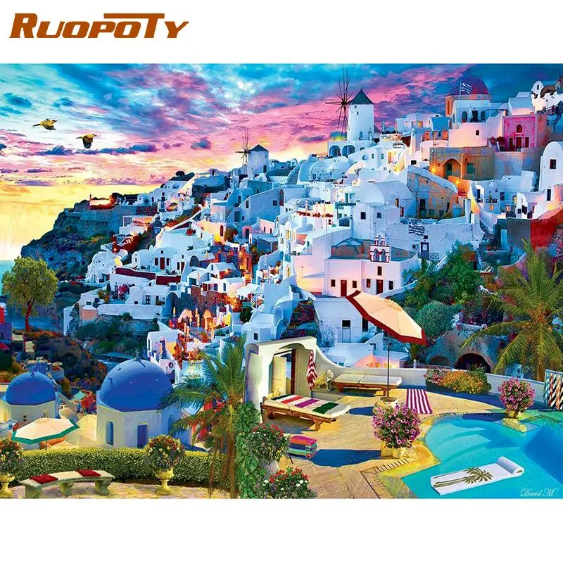 RUOPOTY 60x75cm Frame DIY Painting By Numbers Kits Santorini Landscape Picture By Numbers Handmade Acrylic Paint Artwork