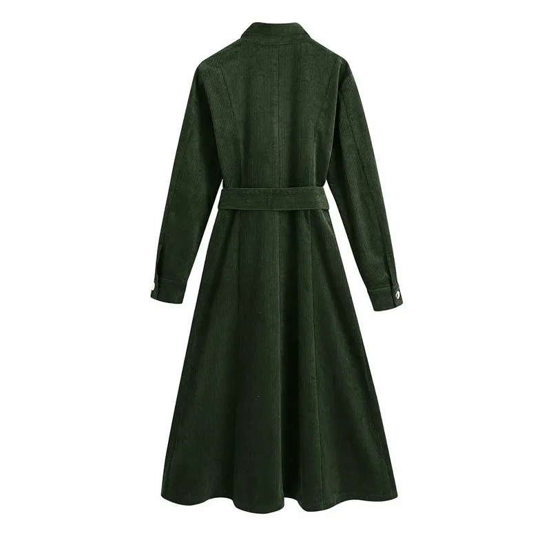 

Evfer Women Casual Autumn Za Green Corduroy A-Line Long Dresses Female Fashion Single Breasted Slim Shirt Dress With Belt Chic