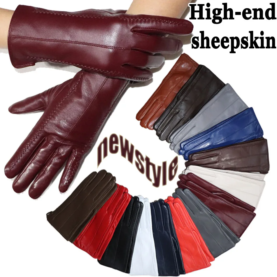 Women\'s Sheepskin Gloves Winter Warmth Plus Velvet Short Thin Touch Screen Driving Female Color Leather Gloves New High-end 2024