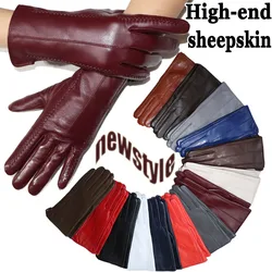 Guantes de piel de oveja para mujer de alta gama, guantes de cuero de color con pantalla táctil, guantes de cuero natural cálidos y gruesos y delgados de felpa para invierno, guantes de cuero para ciclismo,nuevo estilo