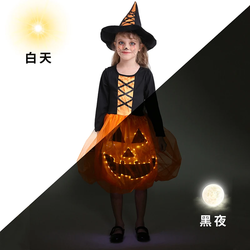 

Children Girls Halloween Pumpkin Dress Glow In The Dark Party Cosplay Witch Luminous Skirt With Hat Halloween Orange Costume