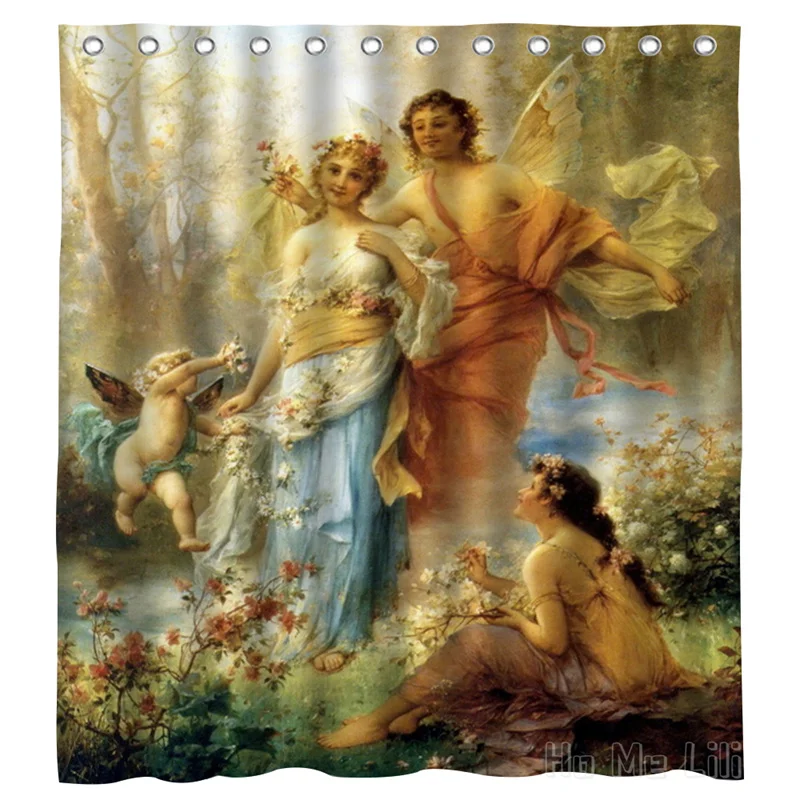 Greek Goddess Myth Cherub Fairy Cupid Putti Angel Garden Roses Renaissance Shower Curtain Bathroom Decor