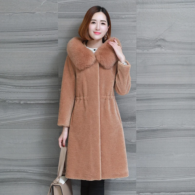 

Slim Sheep sheared coat female long section new fox fur hooded tight waist fur wool coat jacket