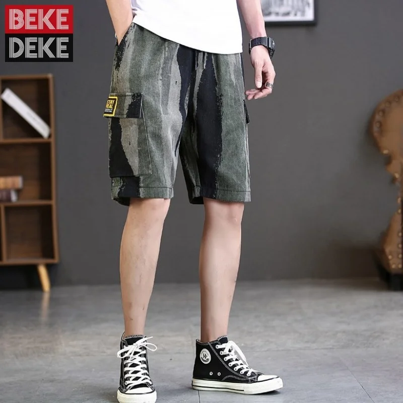 

Mens Streetwear Fashion Camouflage Cargo Shorts Loose Fit Straight Bermuda Knee Length Elastic Waist Beach Shorts Plus Size 5XL