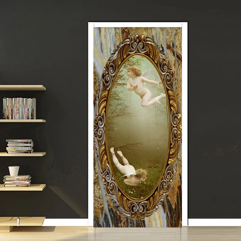 

PVC Self-Adhesive Waterproof Door Sticker European Style Angel Photo Wallpaper Living Room Bedroom Door Decal Home Decor Sticker