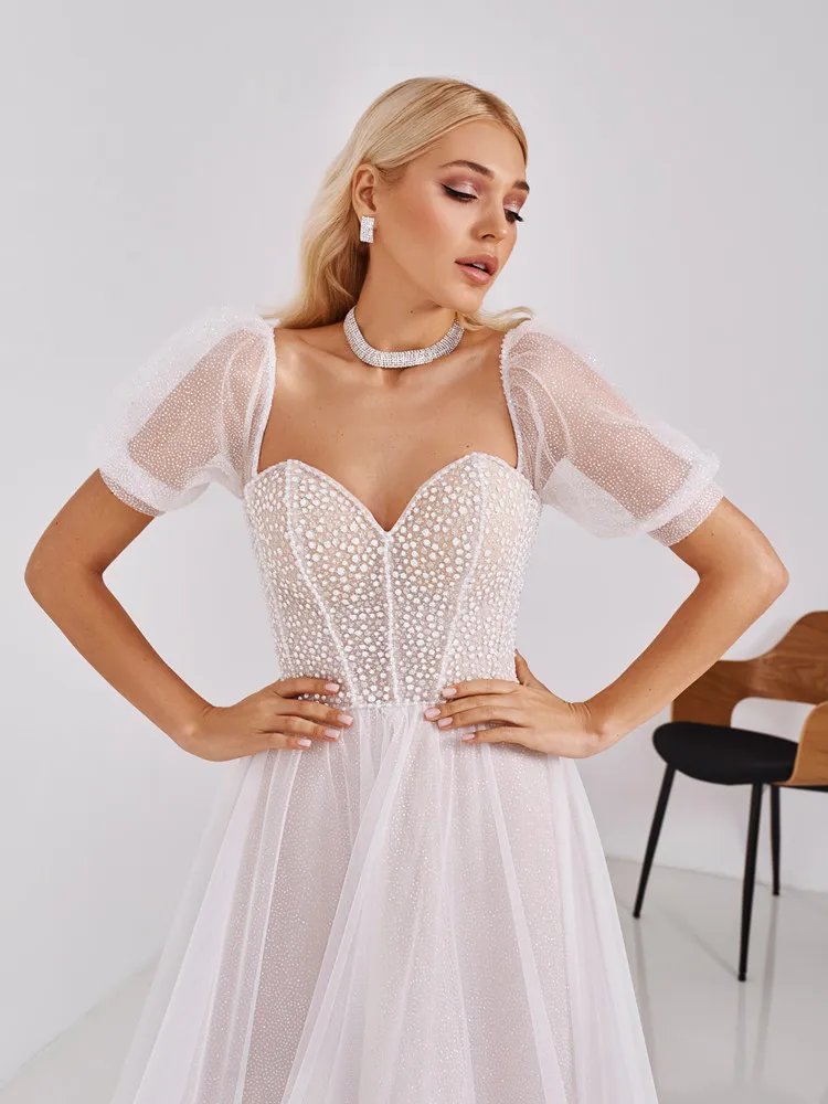 Sirene Liefje Korte Trouwjurk Zomermuts Mouwen Enkellange Organza Kanten Kristallen Bruidsjurk Op Maat Gemaakt Elegant