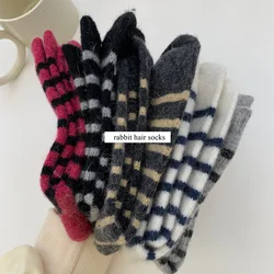 20% Rabbit Hair Woman Socks Casual Striped Cashmere Wool Long Socks Women Winter Thick Warm Streetwear Thermal Crew Socks Gifts