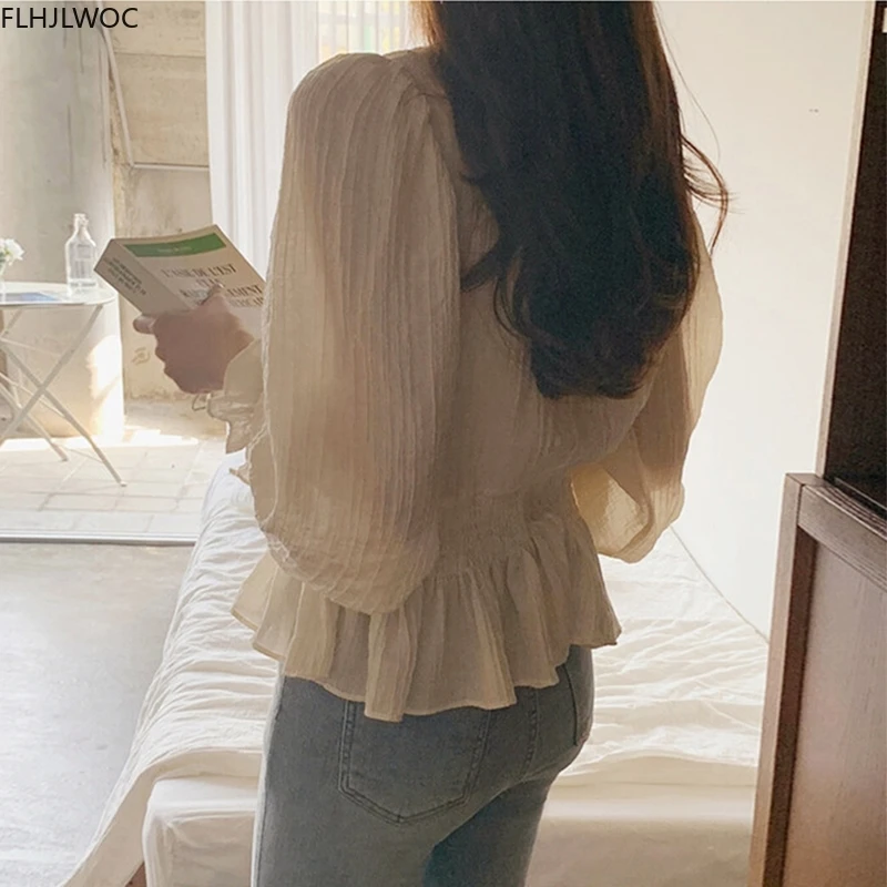 Womens Long Sleeve Peplum Tops Cute Sweet Preppy Style Girls Korean Style V Neck Ruffled Solid Shirts Blousas