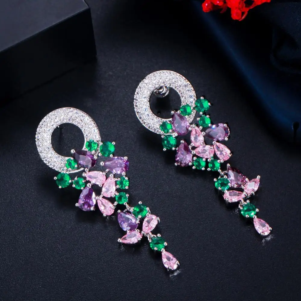 Pera Trendy Bohemia Jewelry Big Circle Round Cubic Zirconia Long Colorful CZ Leaf Dangle Drop Earrings for Women Party Gift E317