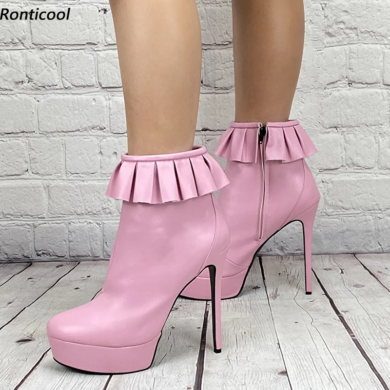 

Ronticool New Stylish Women Winter Ankle Boots Waterproof Stiletto Heels Round Toe Pink Black Red Dress Shoes Plus US Size 5-20