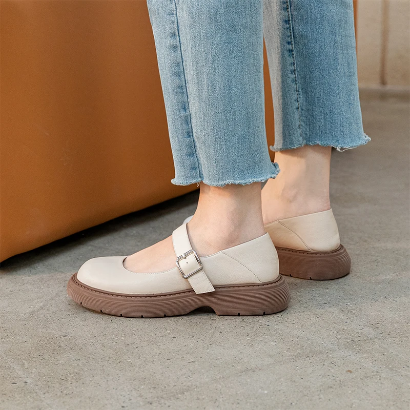 

New Spring 2022 Genuine Leather Women Shoes Casual Round Toe Mary Janes Shoes Buckle Strap Platform Heels Shallow Shoes Women