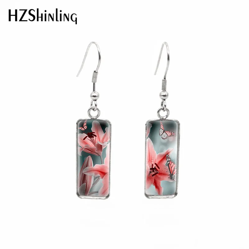 2020 New Flower Pink Lily Butterfly Earring Red Lily Rectangular Earring Handmade Hook Earrings Glass Photo Jewelry