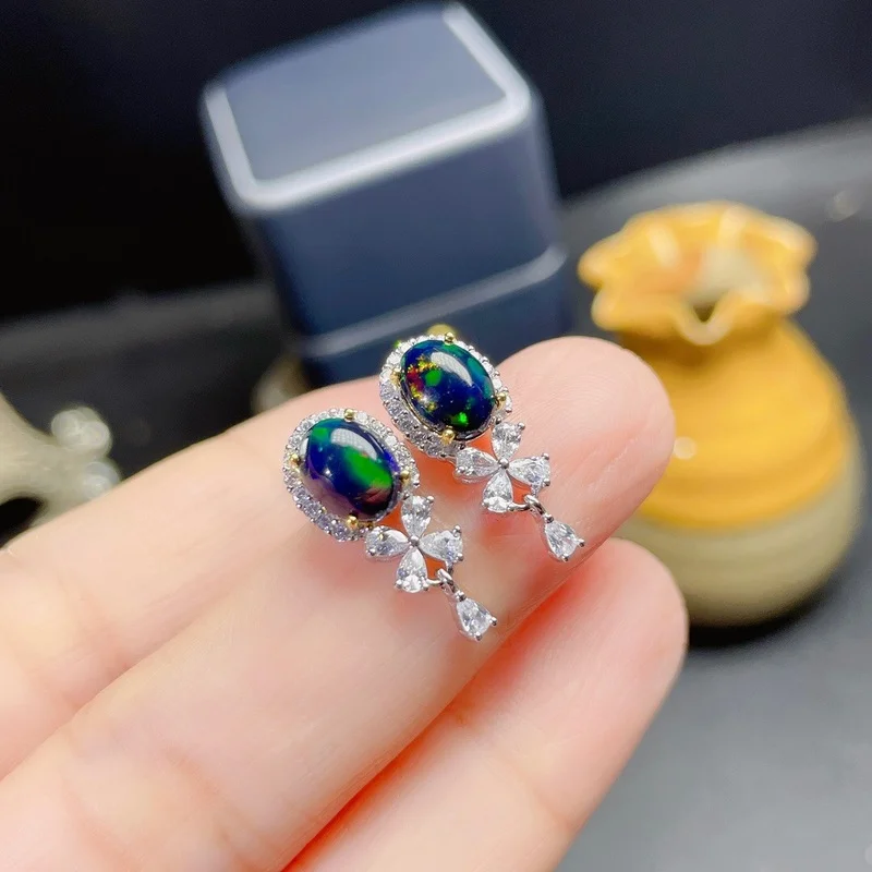 Special Offer New Natural Black Opal Earrings, Simple Style, 925 Sterling Silver, Hot Sale