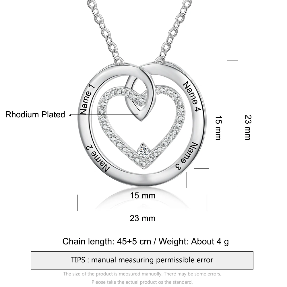 JewelOra Personalized Circle Heart Necklaces Pendants Customizd 4 Names Cubic Zironia Family Jewelry Memory Gift for Women