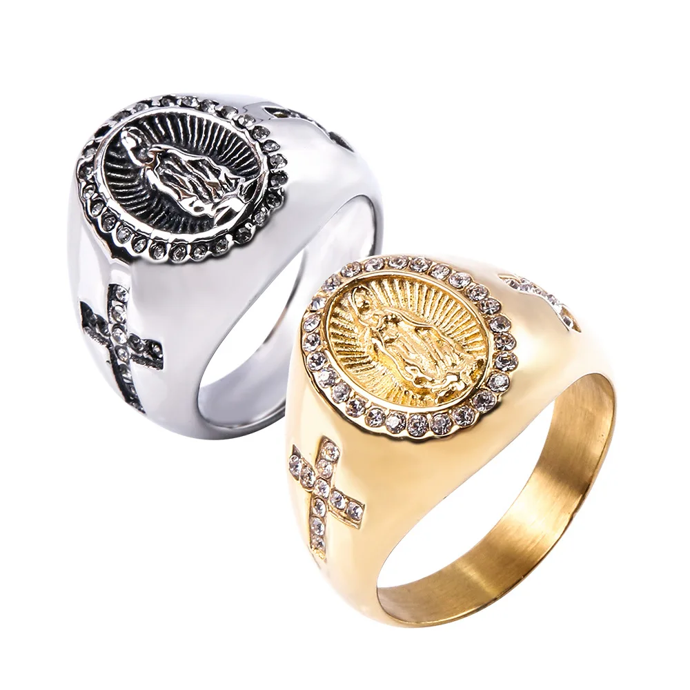 Vintage Catholic Virgin Mary Cross Stainless steel Ring gold silver color Religious Style Men's Ring Prayer Jewelry Gift