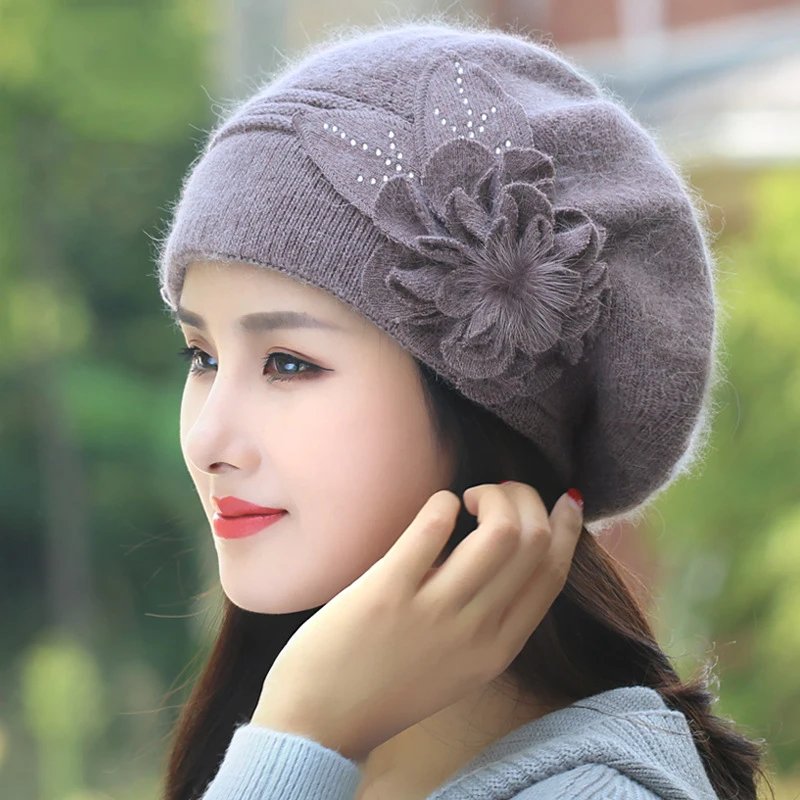 Beret Women Winter Hat Angora Knit Beanie Warm Autumn Flower Double Layers Skiing Outdoor Accessory For Female Headwear