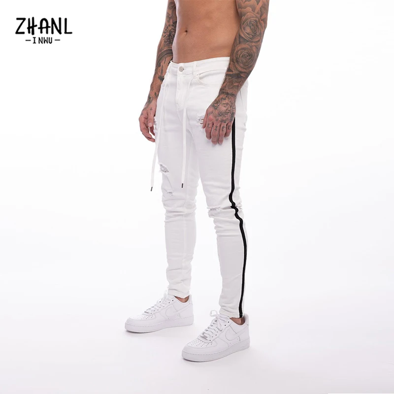 Cyber Y2k Elastic Waist Skinny Pants Men White Jeans Man Stretch Ripped Jeans Streetwear Mens Denim Trousers Jeans Male Clothing