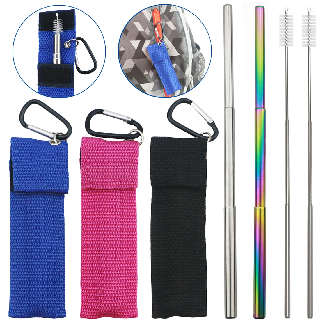 Reusable Telescopic Straw 304 Stainless Steel Metal Straw Collapsible Portable Drinking Straw Set with Cleaning Brush Woven Bag