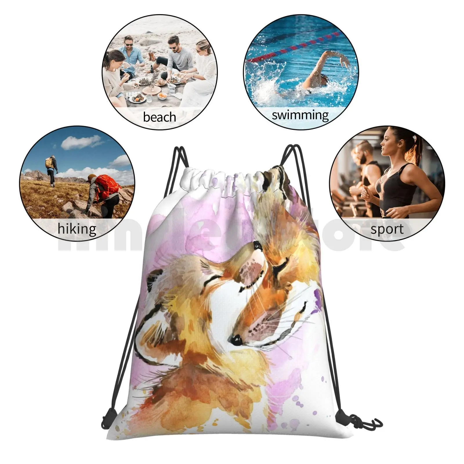 아름다운 여우 엄마와 새끼 수채화 디자인. 배낭 졸라매는 끈 가방 승마 등산 체육관 가방 폭스 폭스 어머니 엄마 엄마