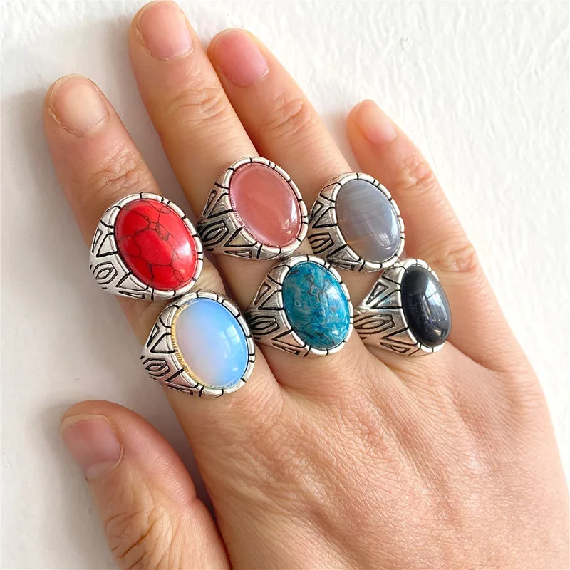 Vintage Natural Stone Rings Silver Color Cabochon Opal Rings for Women Adjustable Charm Ring Men Fashion Jewelry Tribal Party