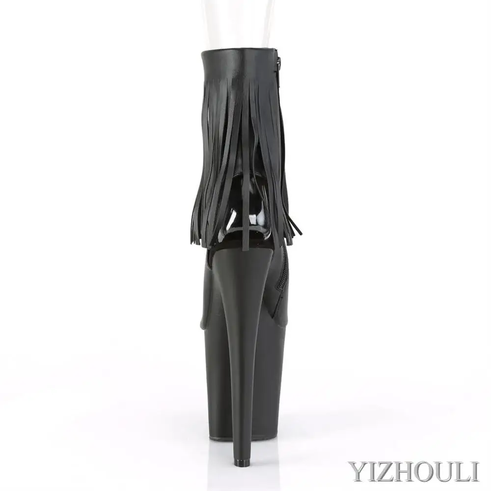8-inch, open-toed boot, matte black tasselled upper models use 20cm stiletto heels for parties, pole dancing shoes