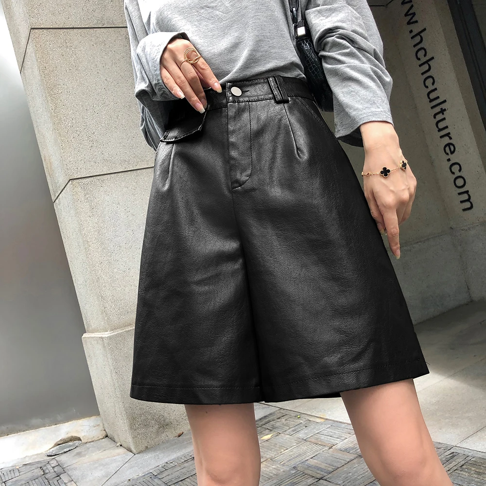 QOERLIN PU Bermuda Shorts for Women Faux Leather Shorts High Waist Black Shorts Casual Wide Leg Pockets Trouser Female 2024 New