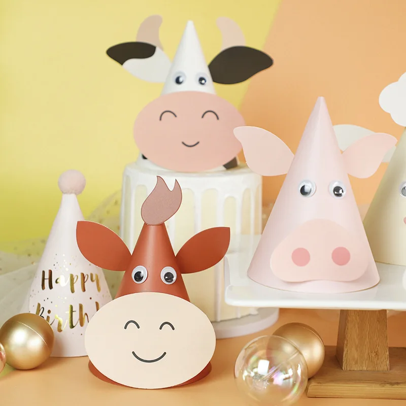5pcs Farm Animals Paper Hat DIY Birthday Party Decor Kids Children Props for Outdoor Activities Rabbit Sheep Chick Conical Cap view 2