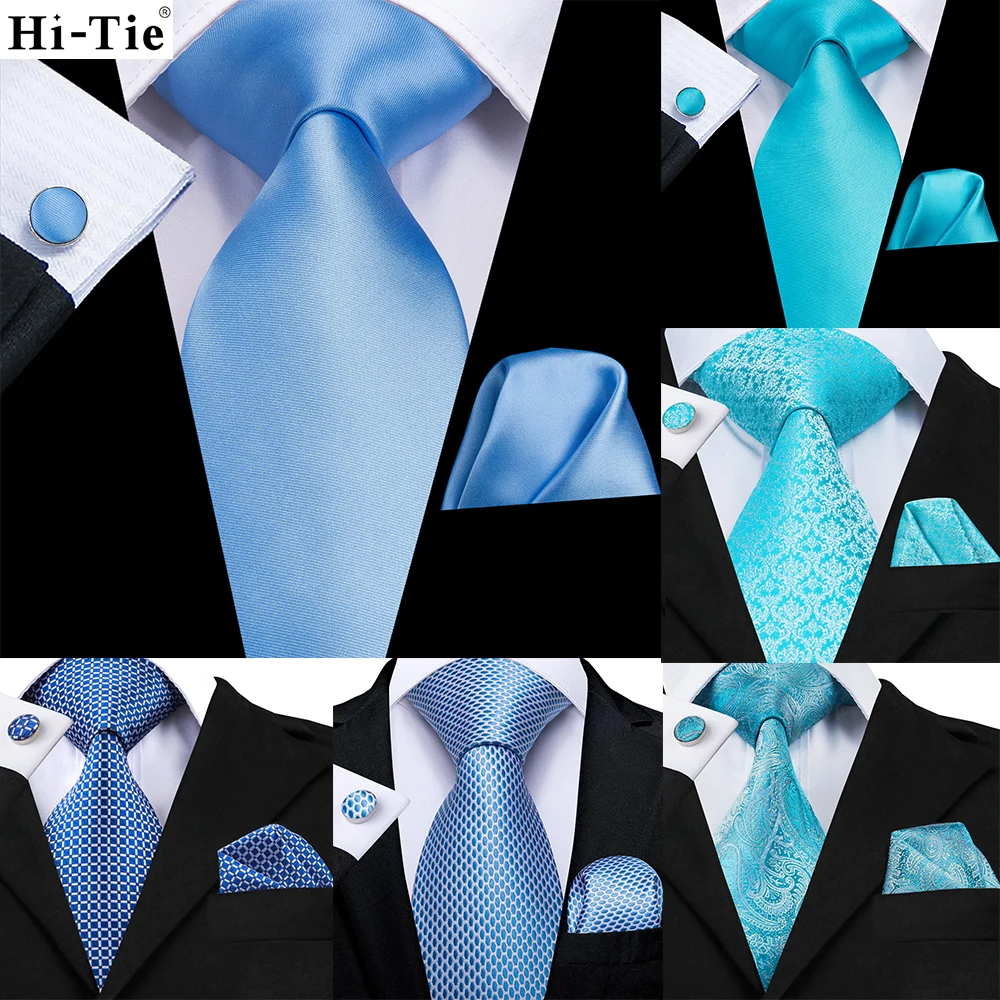 Hi-Tie Light Blue Solid Silk Wedding Nicktie For Men Hanky Cufflink Gift Men Tie Set Business Party Dropshipping Novelty Design