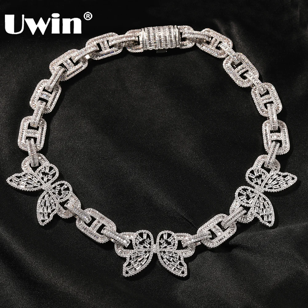 UWIN 16MM Heavy baguettecz Zircon Necklaces for Men Women Prong Setting 3 CZ Butterflies Necklaces Hip Hop Jewelry for Gift