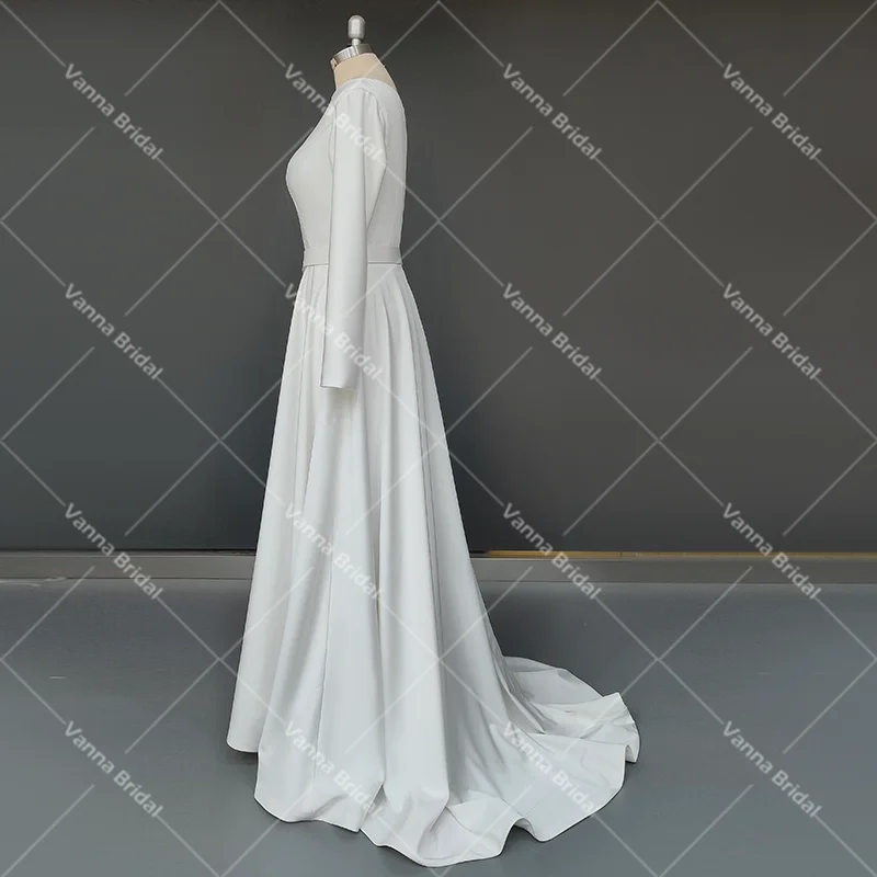 Boat Bateau Neck Luxe Satin Simple Wedding Gowns A Line Custom Made Closed Zipper Back Belted Long Fitted Sleeves Bridal Dress