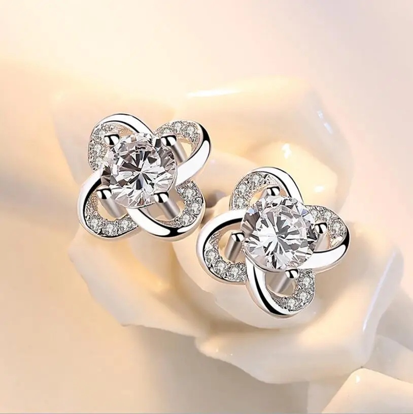 925 Sterling Silver Jewelry Sparkling Zirconia Clover Flower Twist Windmill Forever Stud Earrings For Women S-E207