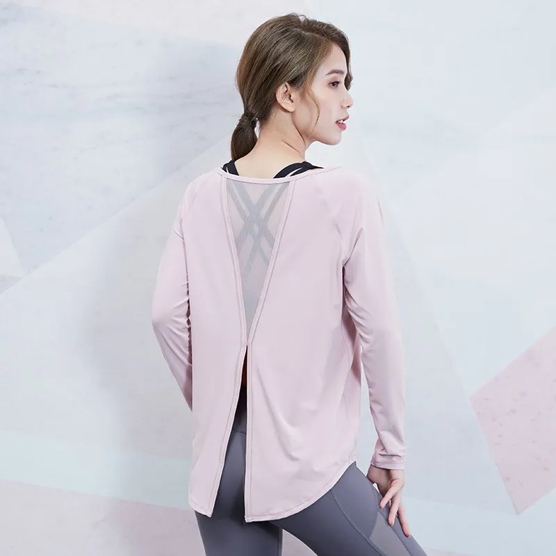 Vansydical Women Sports Long Sleeve Tops Sexy Mesh Yoga Shirts Loose Workout Gym Tees Female Running Fitness Quick Dry T-shirts
