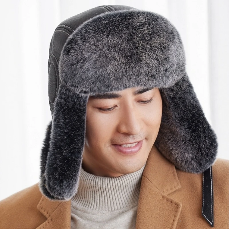 2021 Men Real Rex Rabbit Fur Bomber Hat Ushanka Cap Trapper Russian Man Ski Hats Caps Real Sheepskin Leather Winter Warm