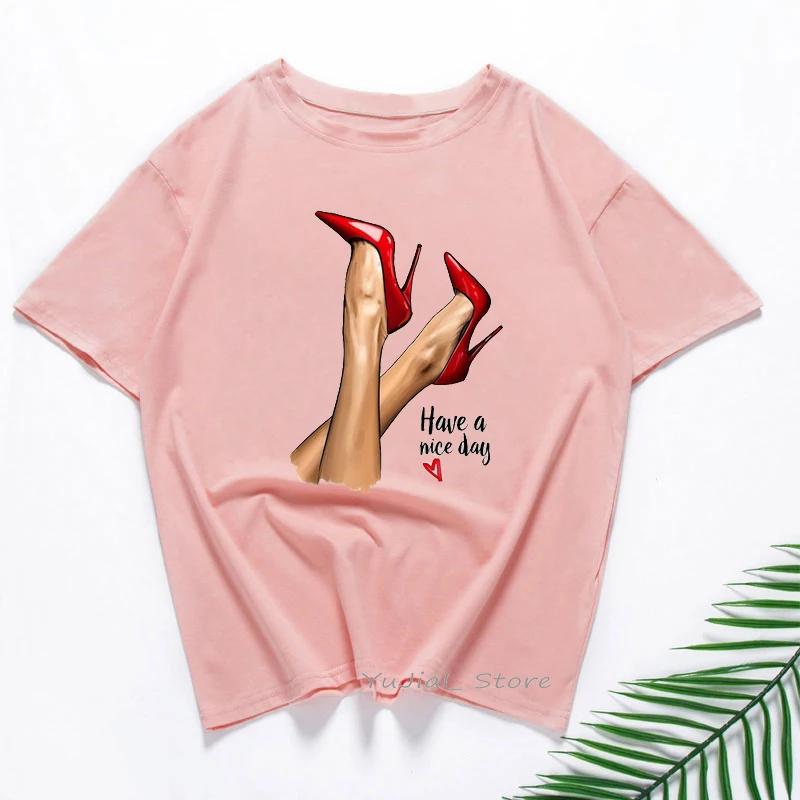 High Heels Shoes Print Cool T Shirt Tee Shirt Femme Hip Hop Punk Sexy Shirt Women 90 Friends Xmas Gift Pink Yellow Tshirt