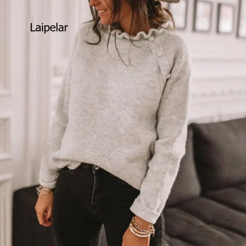 

Autumn Winter Warm Elegant Ruffles Neck Button Sweater Women Fashion Solid Knitted Loose Top Casual Long Sleeve Sweater Pullover