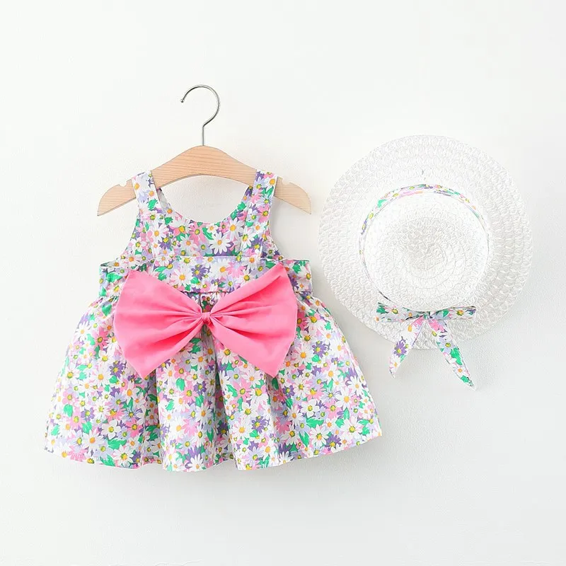 Summer Newborn Baby Girls Clothes Fashion Cute Flowers Big Bow Sleeveless Beach Princess Dress+Sunhat Toddler Dresses BC2074-1