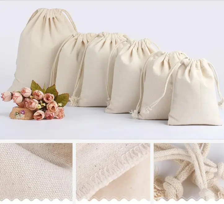 10PCS/Lot Large Big Size Thicken Cotton Canvas Bags Heavy 260g High Capacity Drawstring Gift Packaging Pouches Print Logo