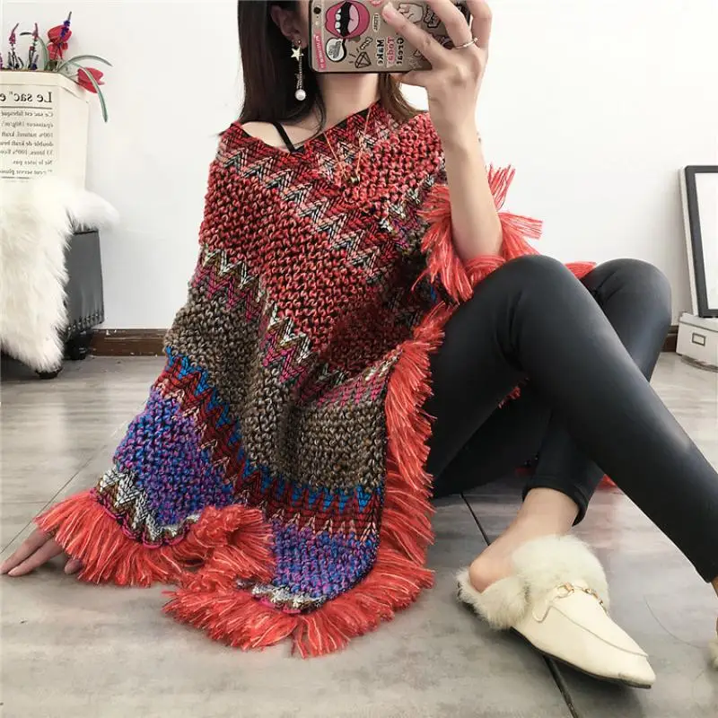 Swyivy Pullover Women Knitting Poncho Capes Autumn New 2020 Female Fashion Bohemian Poncho Cloak Tassel Winter Clothing