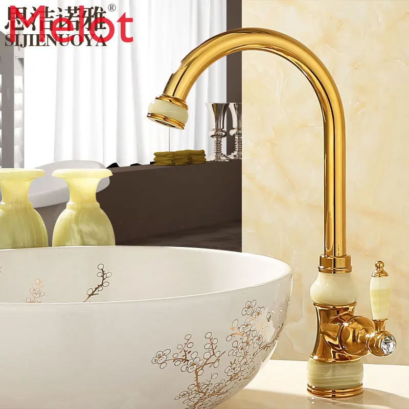 European-Style Copper Natural Jade Hot and Cold Water Faucet Golden Rotating Heightening Faucet Counter Basin Tap