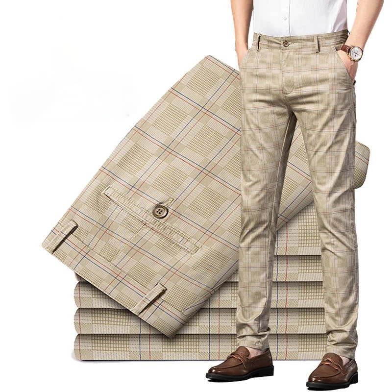 2022 Spring Summer Casual Pants Men Fashion Korean Streetwear Men\'s Straight Slim Fit Pants Trousers Black Plaid Suit Pants Men