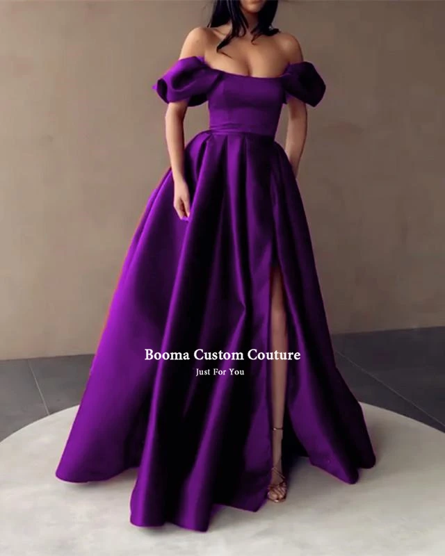 Booma Royal Blue Satin Prom Dresses Strapless Off the Shoulder Split Evening Dresses Pleated A-Line Long Formal Gowns