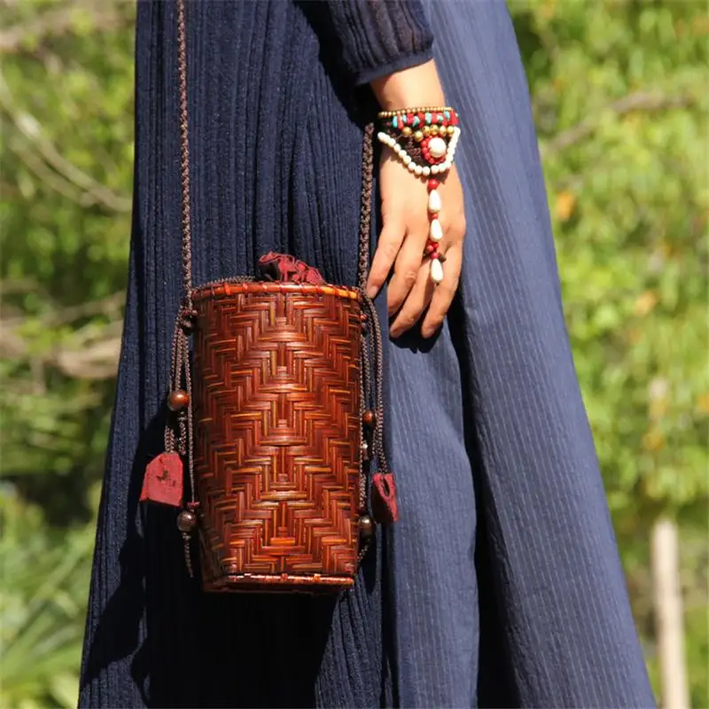 10x20CM Original Retro Handmade Woven Bag Mini Bamboo Bag Tea Ceremony Storage Messenger Bags Round Bucket Bag a6101