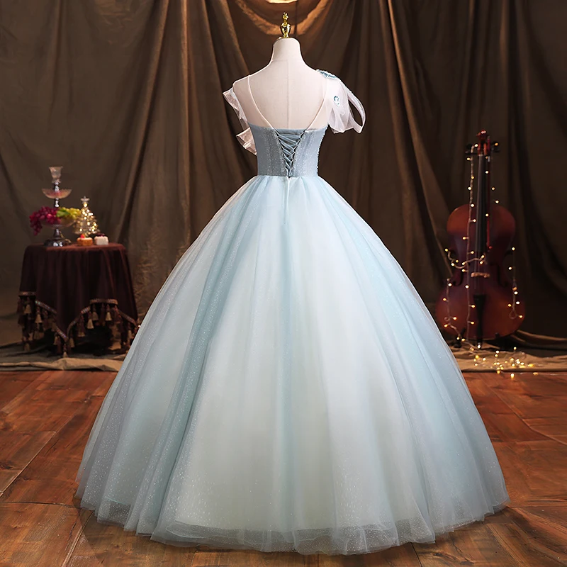 Luxury Cindy Blue เย็บปักถักร้อยลูกปัด Bowknot Sleeve Ball Gown ยุคกลาง Vintage Royal Victoria ชุด Princes Belle Ball Gown