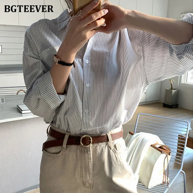 BGTEEVER Vintage Nữ Sọc Nữ Áo Kiểu Cổ Bẻ Tay Dài Rời Nữ Áo Sơ Mi Cổ Cao Cấp Femme Mùa Xuân 2021