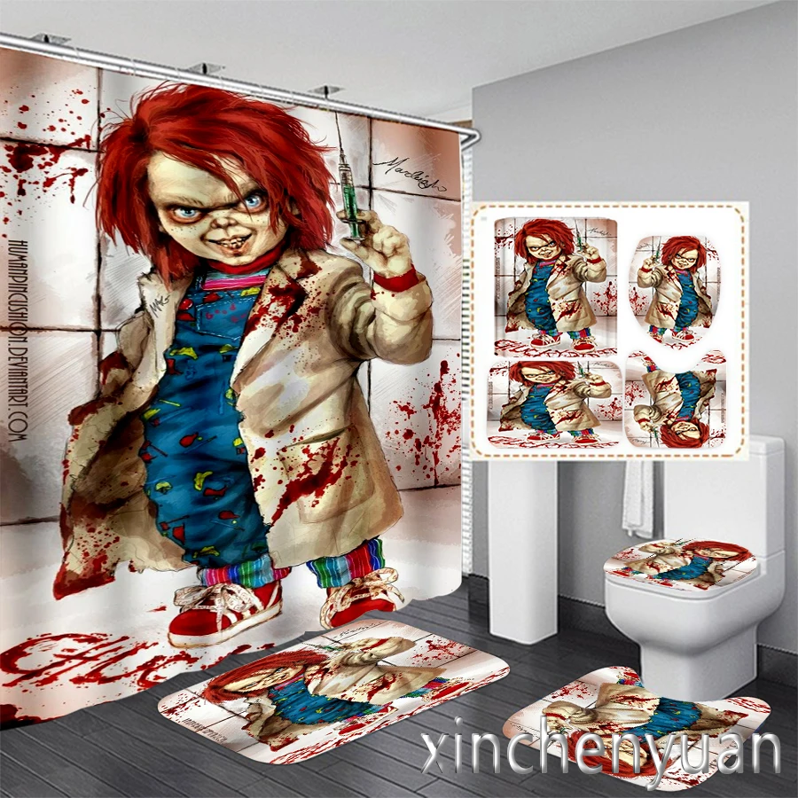 Horror Movie Chucky 3D Printing Waterproof Bathroom Shower Curtain Toilet Cover Mat Non-Slip Floor Mat Rug (1/3/4Pcs) W07