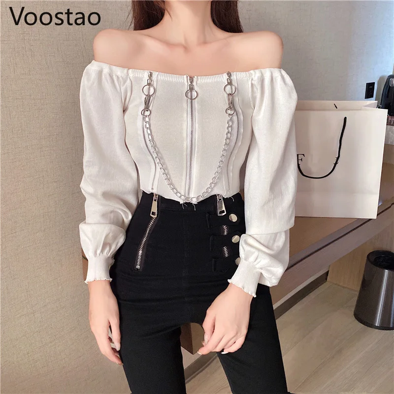 Spring Autumn Women Casual Off Shoulder Slash Neck Knitted Long Sleeve T-shirt Sexy Gothic Punk Metal Chain Crop Tops Slim Shirt