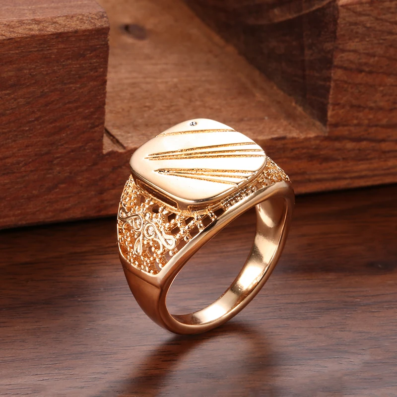 SYOUJYO 585 Gold Color Glossy Big Size Rings For Men Openwork Chevron Daily Easy Matching Trendy Jewelry