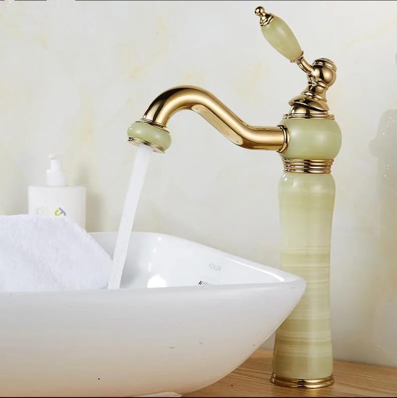 

Vidric Basin Faucet Gold Crane Brass Jade Body 360 Degree Swivel Bathroom Basin Faucet Deck Mount Counter top Water Mixer Tap